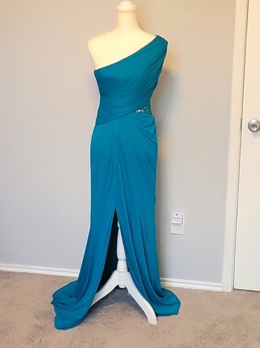 David's Bridal Teal One-Shoulder Evening Gown
